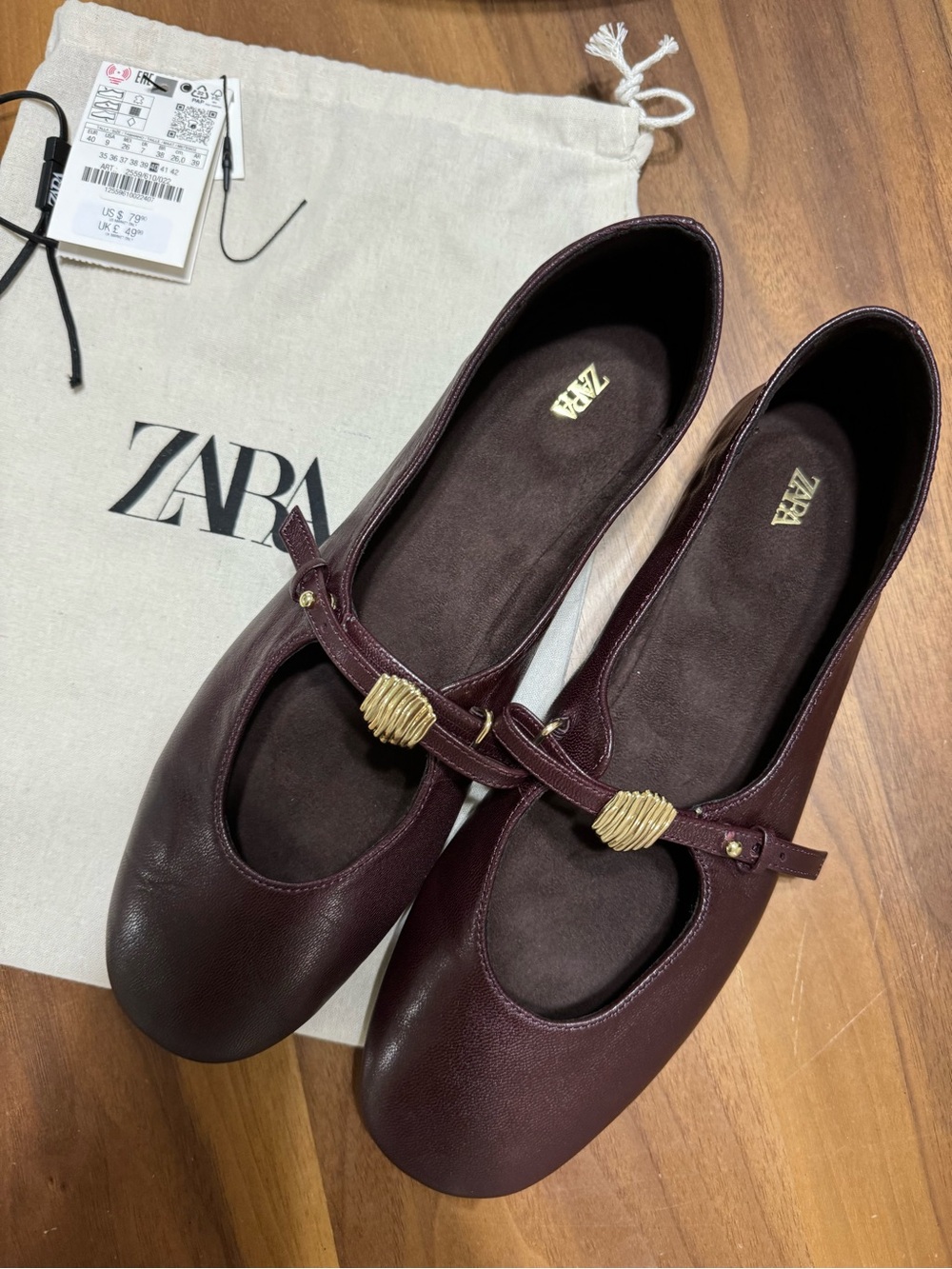 ZARA Women's Burgundy Mary Jane Flats with Gold Accents